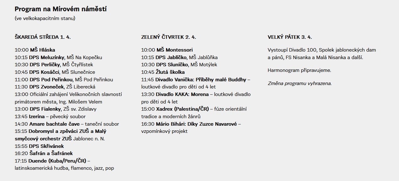 Program jabloneckých Velikonoc.